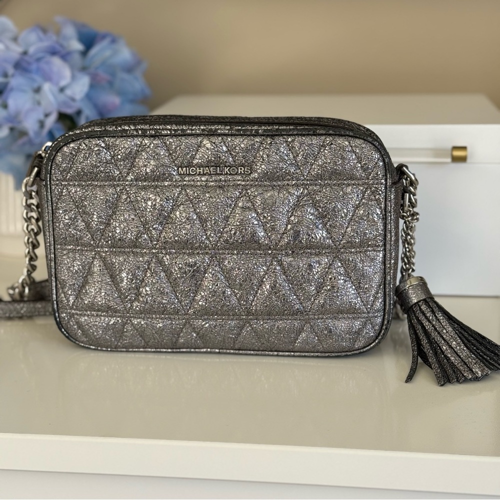 Michael Kors Ginny Metallic Silver Quilted Crossbody Bag
